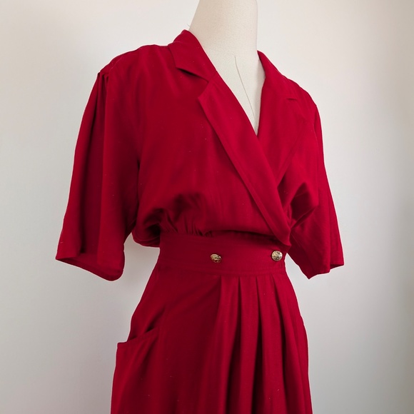 80s Rouie Raw Silk Dress Midi Wrap Asymmetrical Collar Double Breasted Vintage - Picture 10 of 15